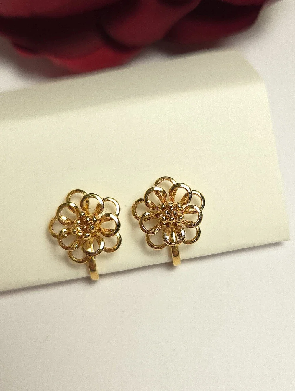 Vintage Gold Plated Open Petal Flower Earrings Clip on Dainty Earrings